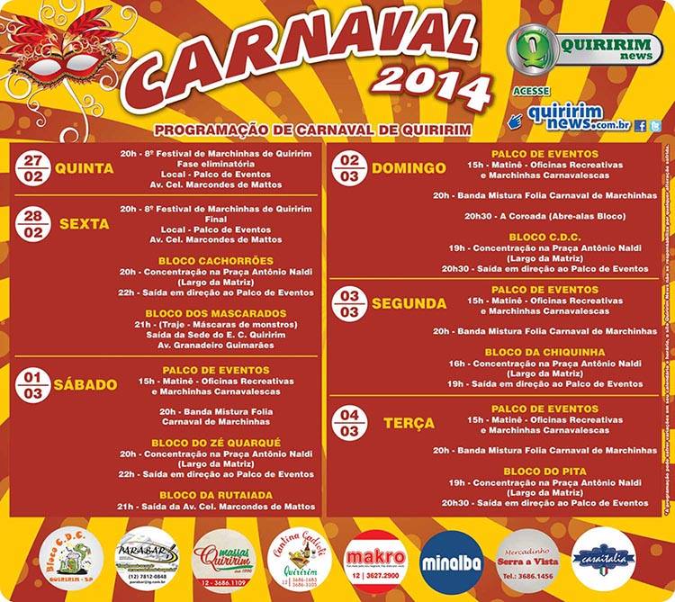 Programao do carnaval Quiririm 2014 - Arte: Quiririm News