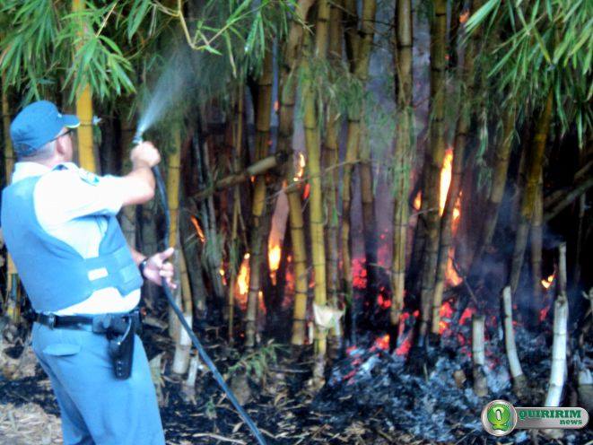 Policial Militar improvisa com mangueira de uso domstico para conter as chamas - Foto: Douglas Castilho/Quiririm News